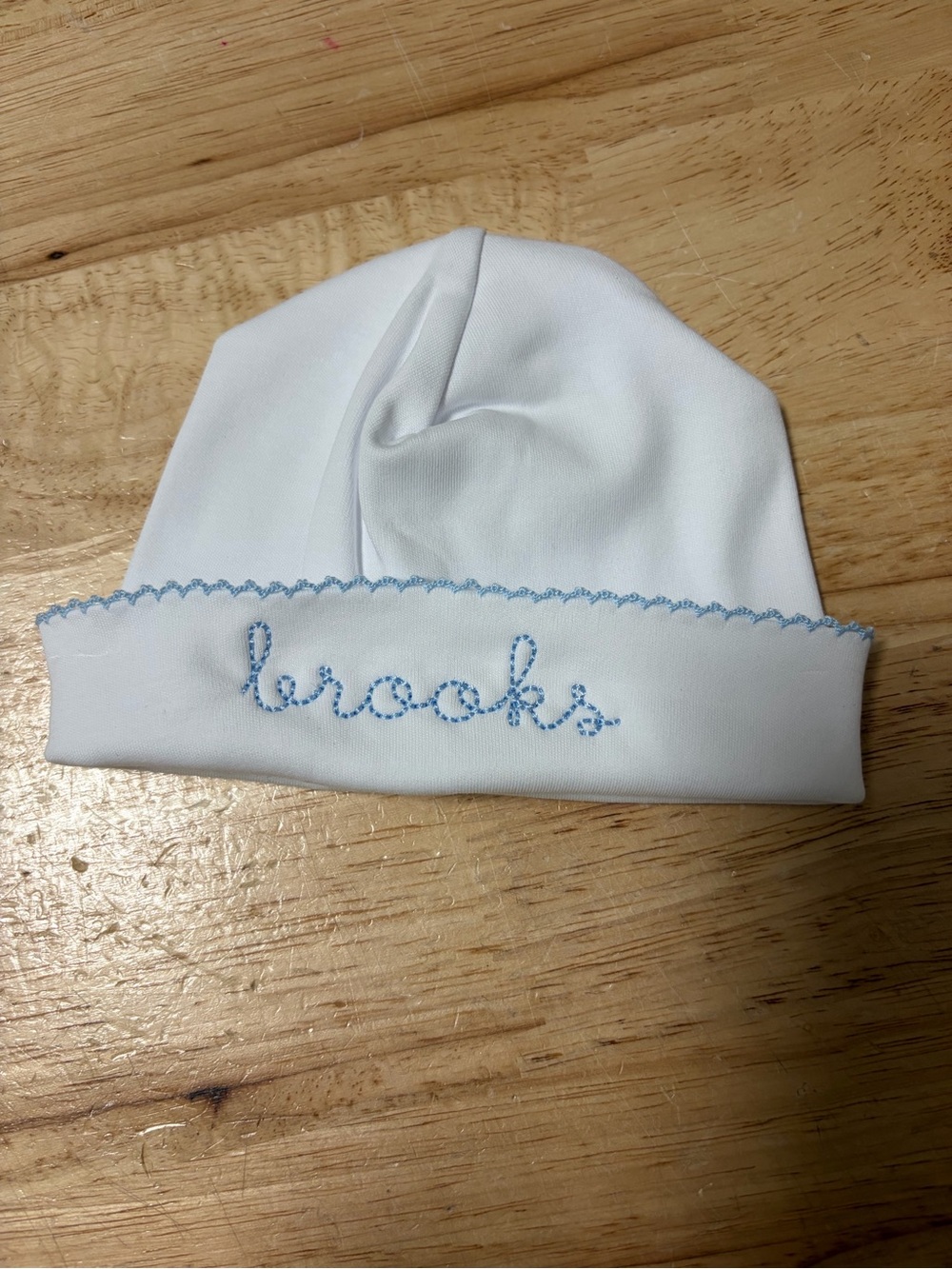White and Light Blue Picot Trim Newborn Infant Hat with Brooks